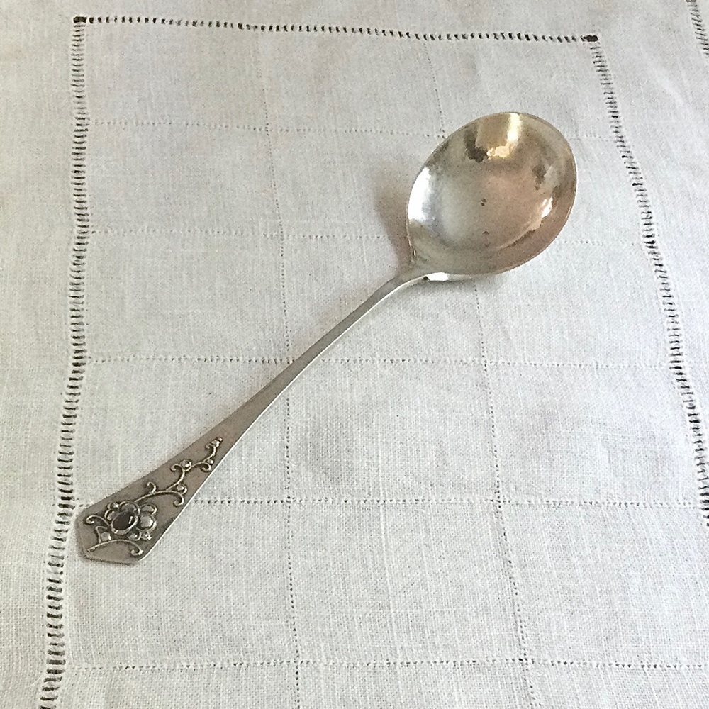 Hilde Vollers Floral Pattern w Bezel Set Garnet Silver Serving Spoon - Handmade
